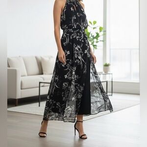 White House Black Market Women's Floral Halter Chain Jumpsuit Maxi Dress 16 NWOT